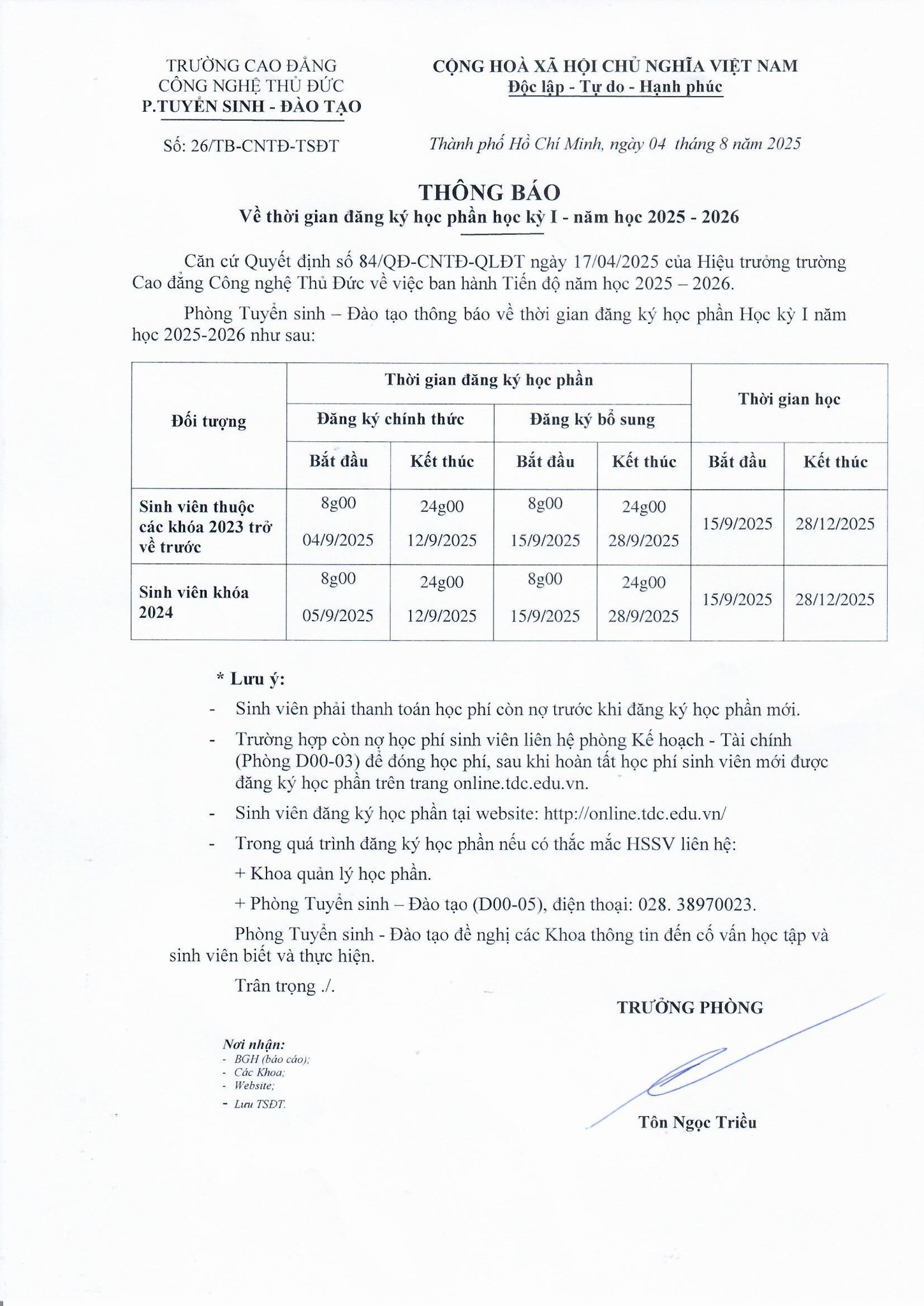 THÔNG BÁO ĐĂNG KÝ HỌC PHẦN HỌC KỲ 1 NĂM HỌC 2025-2026